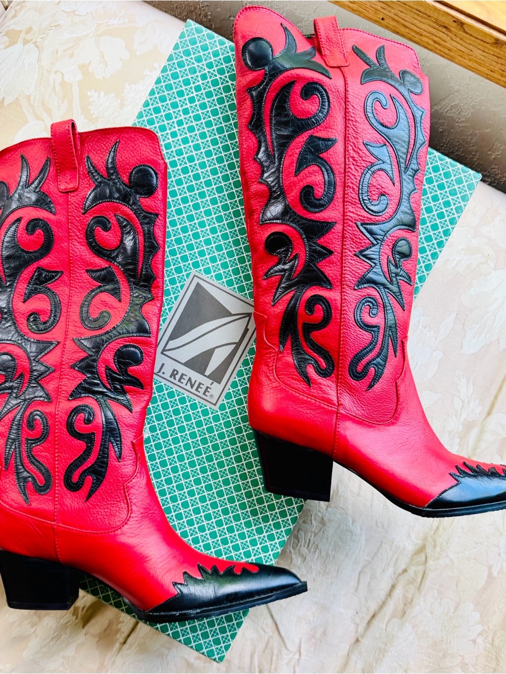 Vintage J. Renee ROGERS Red Black Leather Cowboy Boots 7.5W NIB Flame Y2K - Picture 3 of 14